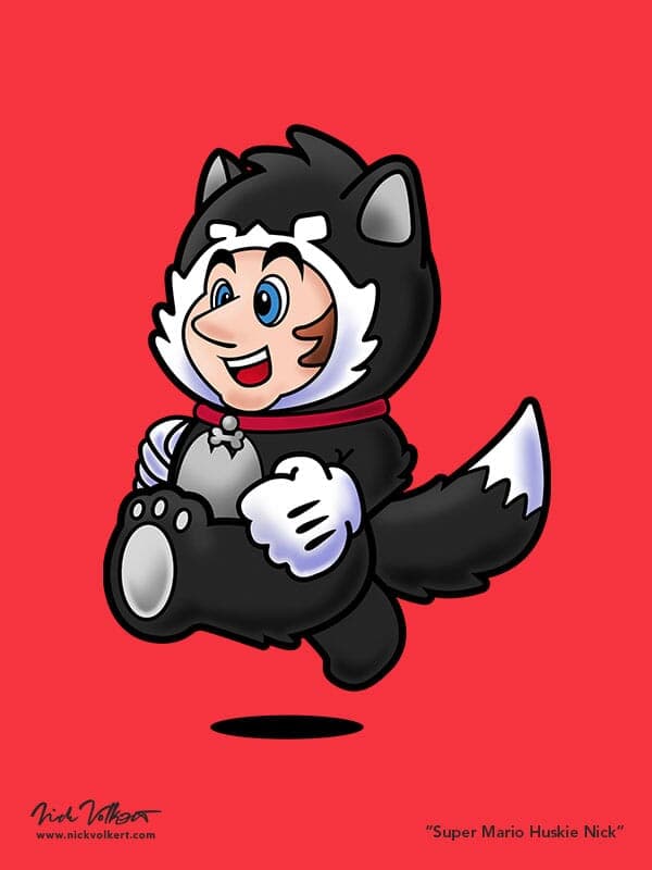 A self portrait of Nick Volkert in a Huskie Suit ala the Tanooki Suit in Super Mario 3.