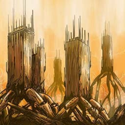 Album Art of Audioshock's 'Closure' EP. Features a large robotic skyscrapers in a dystopian orange sky.