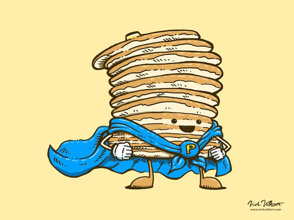 The superhero Captain Pancake stands proud with his blue cape waving behind him.