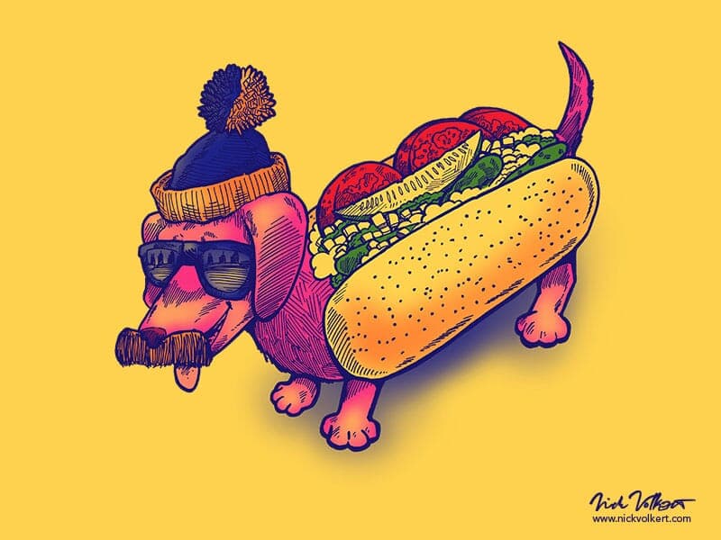 A wiener dog with cool Blues Brothers sunglasses, a chicago themed stocking cap, a mustache, and a suit that looks like a chicago-style hot dog.