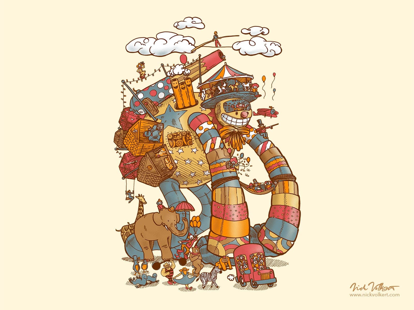 A large robot surrounded by circus performers, clouds, balloons, animals, and clowns