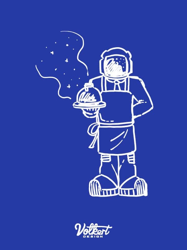 A humble server that's also an astronaut holds a covered dish.