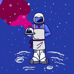 A server is holding a dish dressed as an astronaut, the dish is flowing with stars and the colors of the cosmos!