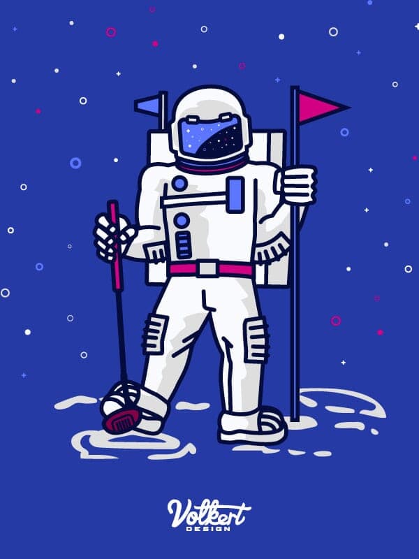 A finalized vector version of an astronaut holding a golf flag while golfing in outer space.