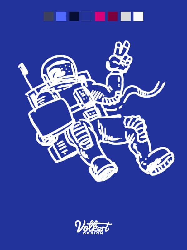 An astronaut floating in space giving the peace sign while working on his laptop.