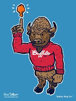 A hearty buffalo stands wearing a red sweater with Buffalo in a script and points to a saucy chicken wing in orbit above its pointing finger.