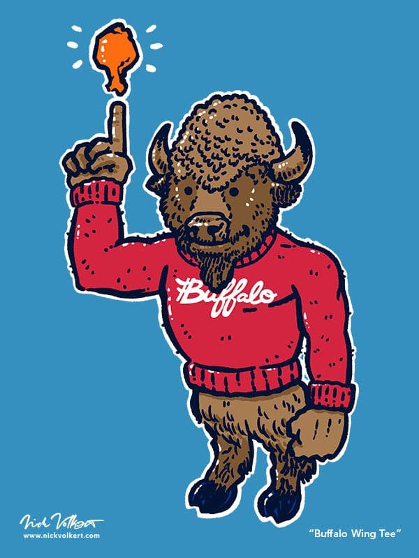 A hearty buffalo stands wearing a red sweater with Buffalo in a script and points to a saucy chicken wing in orbit above its pointing finger.