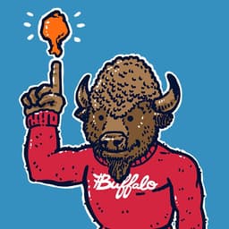 A hearty buffalo stands wearing a red sweater with Buffalo in a script and points to a saucy chicken wing in orbit above its pointing finger.