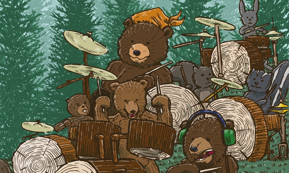 Detail of a mama bear with a stocking cap playing drums with her cubs.
