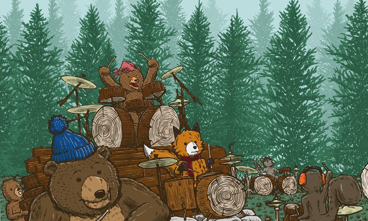 Detail of a fox and bear playing drums.