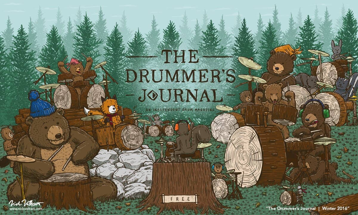 A large gathering of forest creatures jam on logs and wood drums to a squirrel drum instructor.