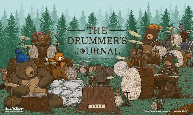 A large gathering of forest creatures jam on logs and wood drums to a squirrel drum instructor.