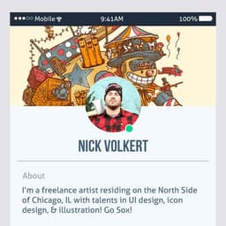 A user profile mockup for a creative social media site with the profile information of Chicagoland artist Nick Volkert.
