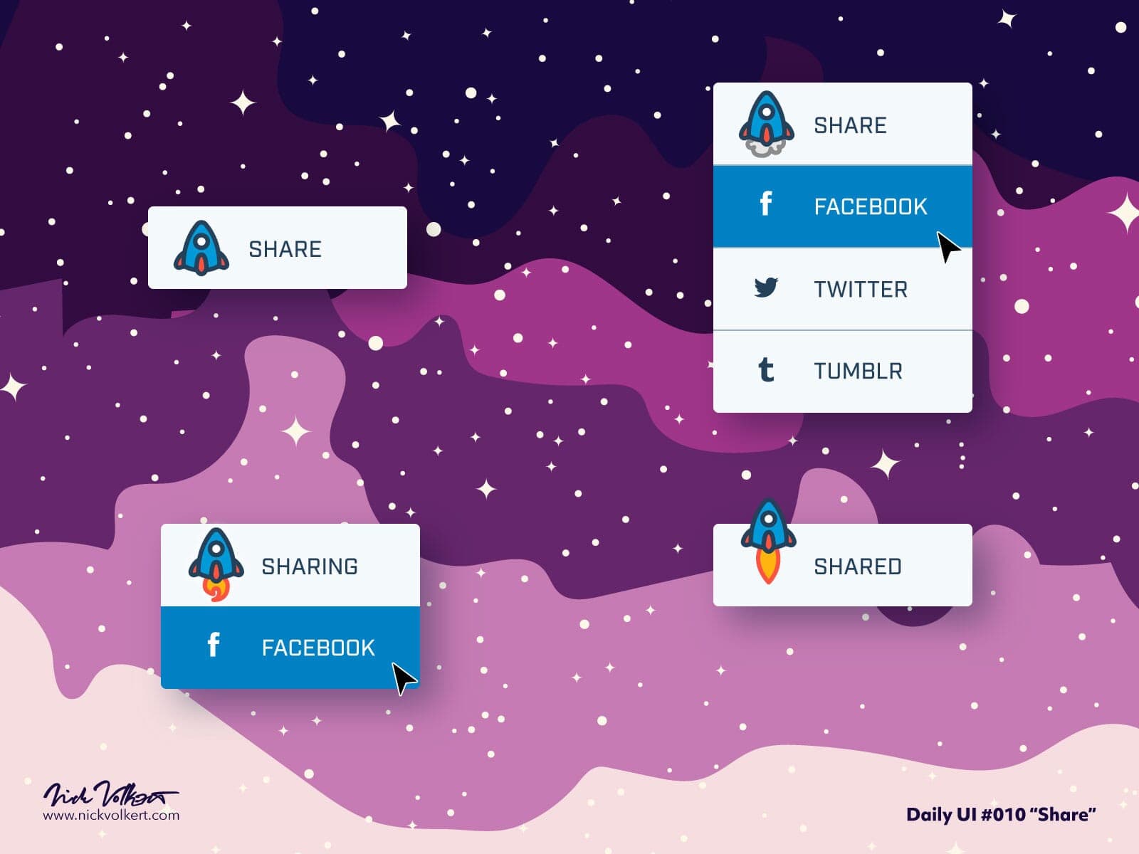 A stative rocket showing the process of sharing a link on social media for the DailyUI challenge.