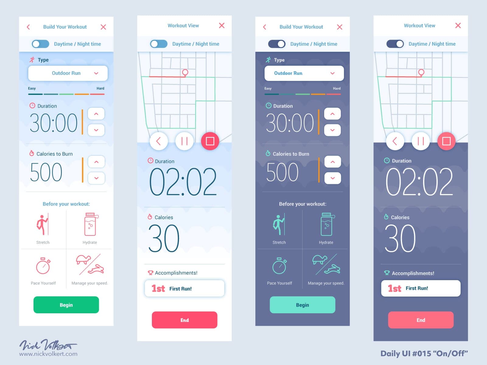An app design concept for tracking daytime and nighttime runs.