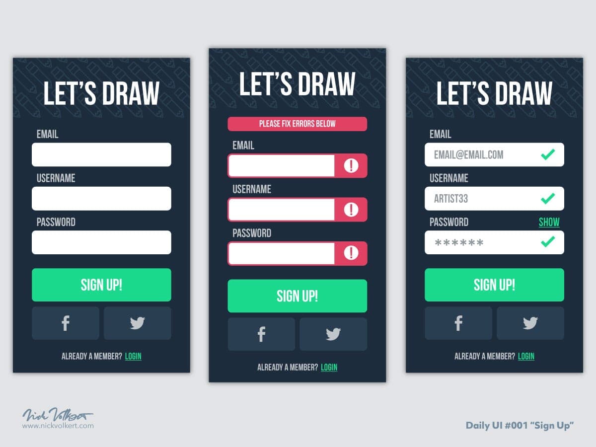 A user interface design for a case study on a website for users to showcase their drawing skills, with all of the inputs states.