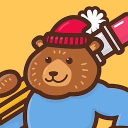A bear with a stocking cap and sweater is walking by with a giant number 2 pencil.