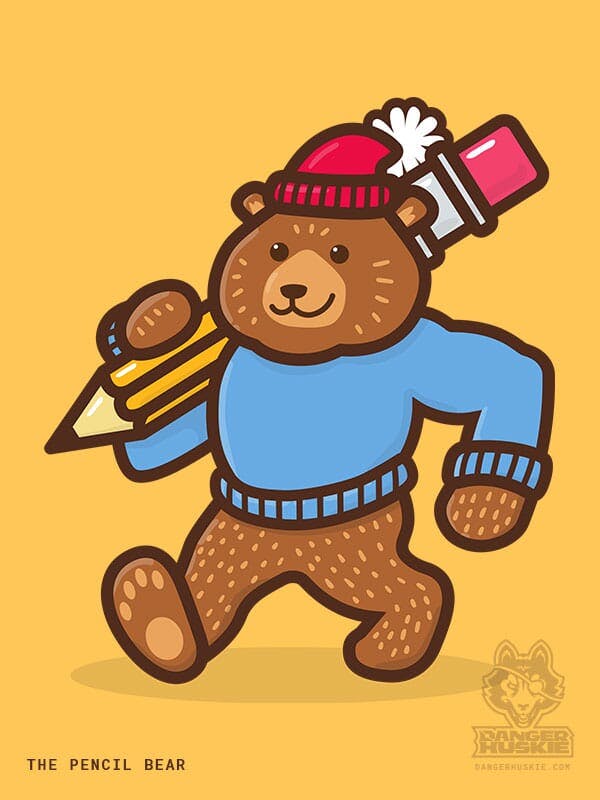 A bear with a stocking cap and sweater is walking by with a giant number 2 pencil.