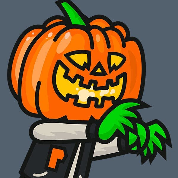 A man with a jack o' lantern head is marching by in a varsity jacket in the dark.
