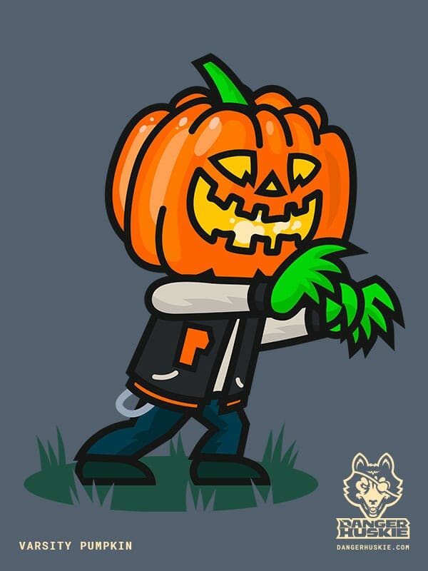A man with a jack o' lantern head is marching by in a varsity jacket in the dark.