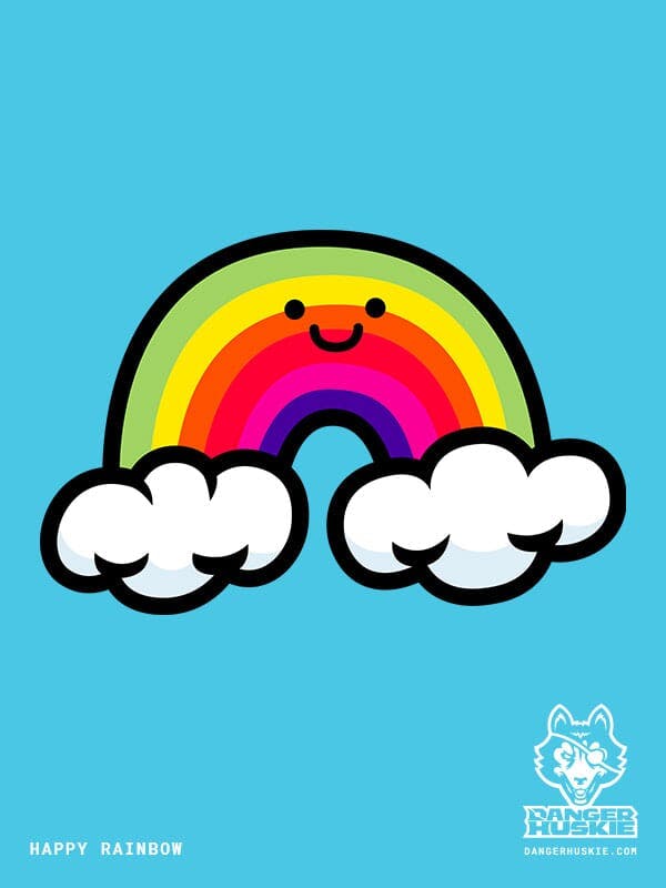 A happy rainbow touching two clouds.