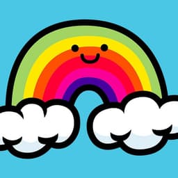 A happy rainbow touching two clouds.