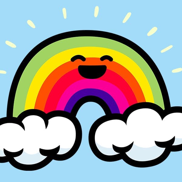 A joyous rainbow touching two clouds.