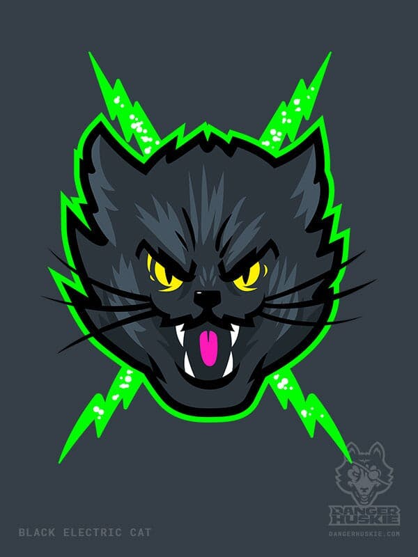 A black cat with yellow eyes and neon bolts is angry at the viewer.