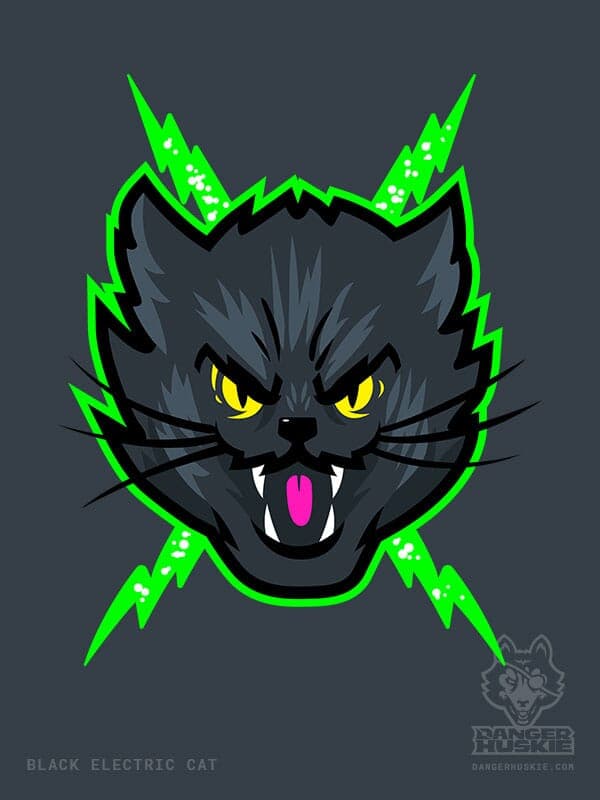 A black cat with yellow eyes and neon bolts is angry at the viewer.