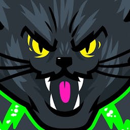 A black cat with yellow eyes and neon bolts is angry at the viewer.