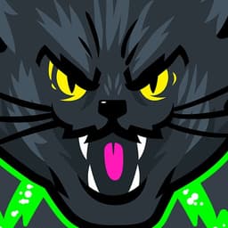 A black cat with yellow eyes and neon bolts is angry at the viewer.