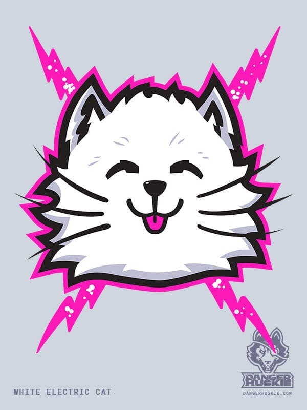 A white cat with pink bolts purrs at the viewer.