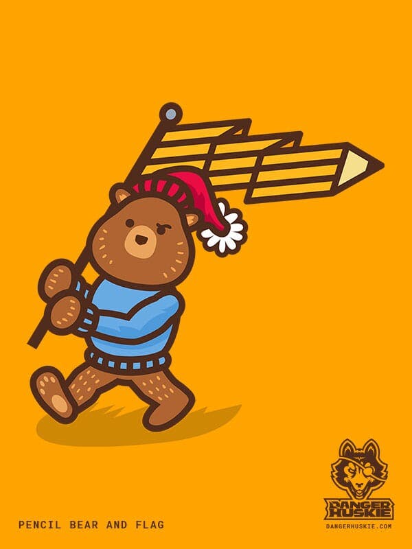 A bear walks with a flag that is a pencil.