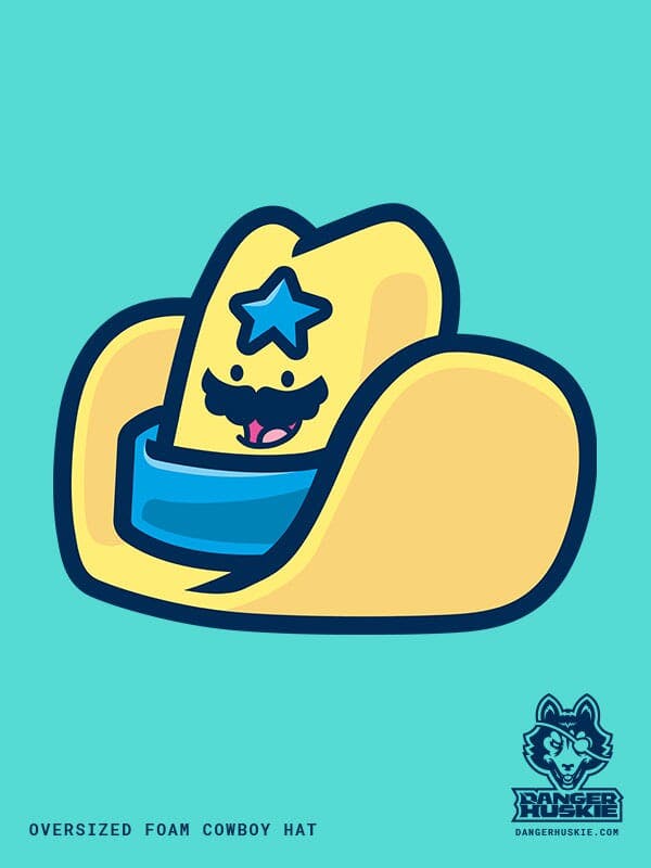 An oversized foam cowboy hat sporting a sweet mustache.