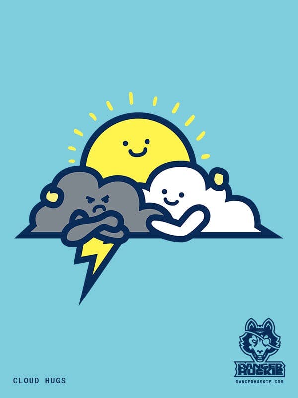 A grumpy thunder cloud gets a hug from a fluffy white cloud and the sun.