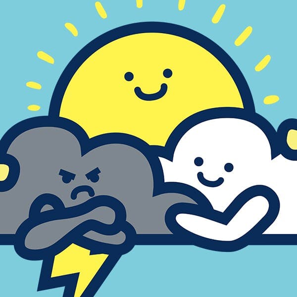 A grumpy thunder cloud gets a hug from a fluffy white cloud and the sun.