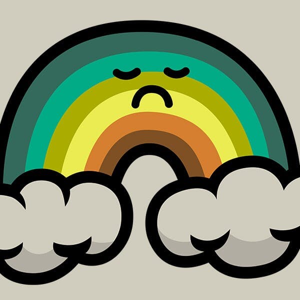 A dingy rainbow sports a frown between to storm clouds.