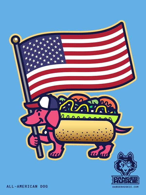 A little weiner dog is wearing a Chicago-style hot dog costume while carrying a huge waving, red, white, and blue American flag for Flag Day!