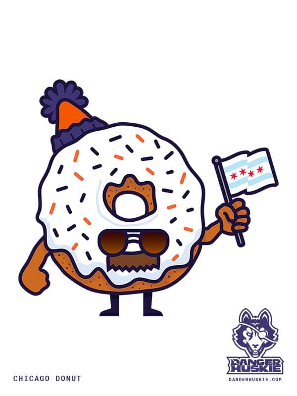 A little white frosted donut is looking like a Chicago Super Fan with a mustache and aviator glasses, waving a Chicago city flag!