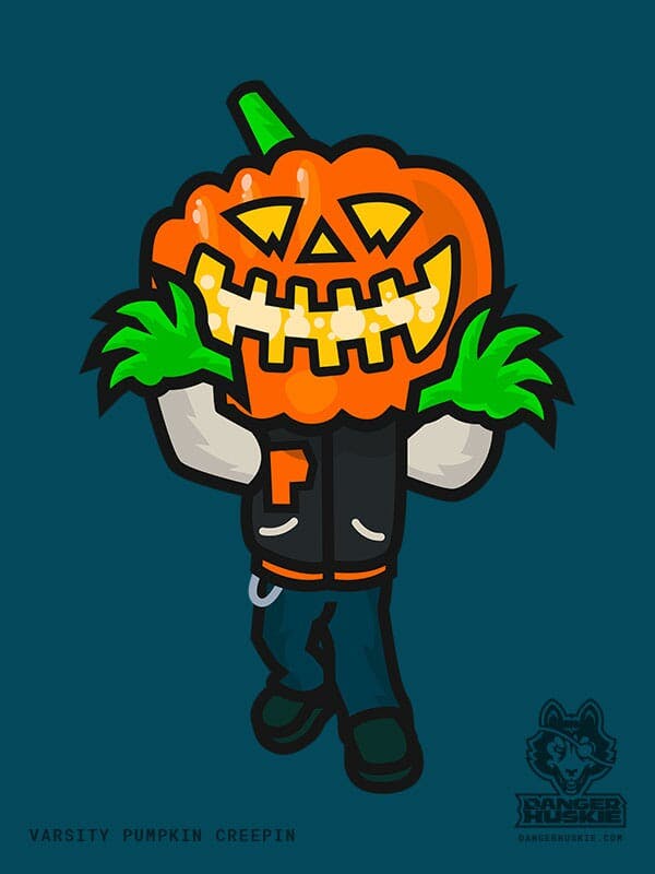 A man in a varsity jacket with a Jack O'Lantern head approaches the viewer.