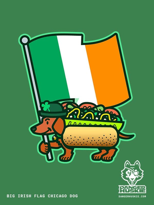 A little weiener dog dressed as a Chicago-style hot dog waves an oversized flag of Ireland for St. Patrick's Day!