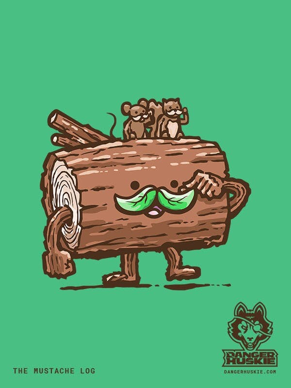 A friendly log twirls his leafy mustache as a couple of his forest friends rest on his back also twirling their sweet mustaches!