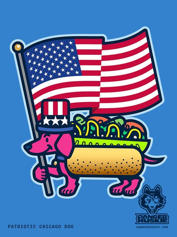 A Chicago-style hot dog is wearing a red white and blue top hat while carring a large waving American flag.