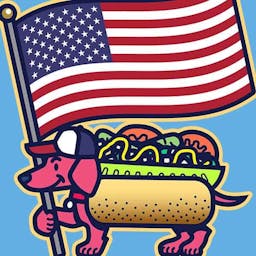A little weiner dog is wearing a Chicago-style hot dog costume while carrying a huge waving, red, white, and blue American flag for Flag Day!