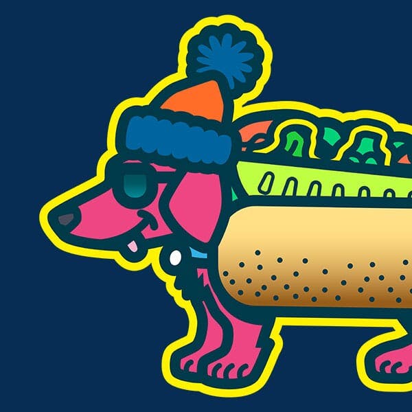 A dachshund is wearing shades, a stocking cap, and a cool Chicago Style Hot Dog costume.