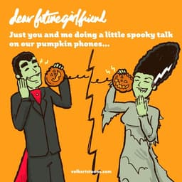 A couple dressed as frankenstein's brde and dracula flirt over the phone.