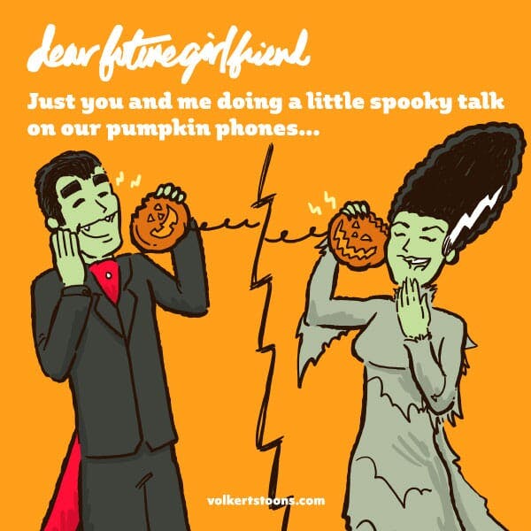 A couple dressed as frankenstein's brde and dracula flirt over the phone.