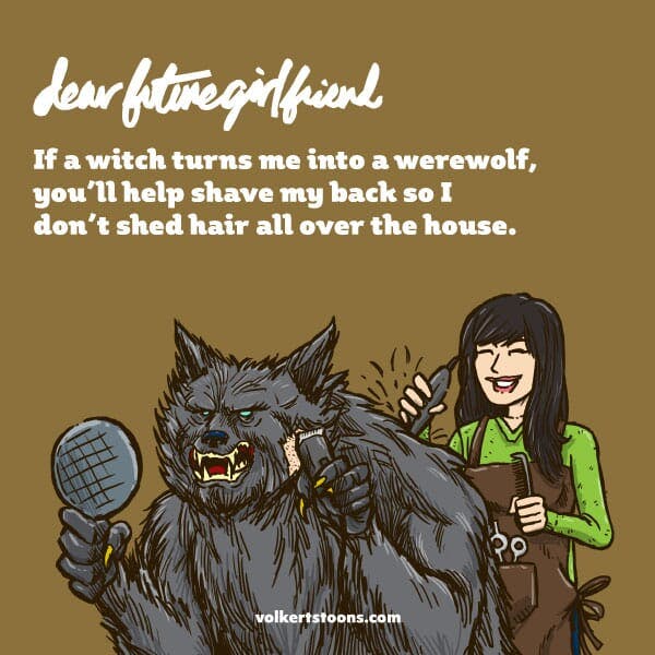 A woman trims the hair of a male werewolf.