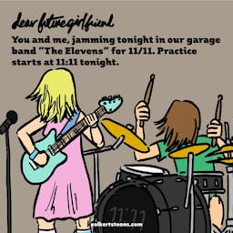A couple jams in a garage band on 11/11 at 11:11.