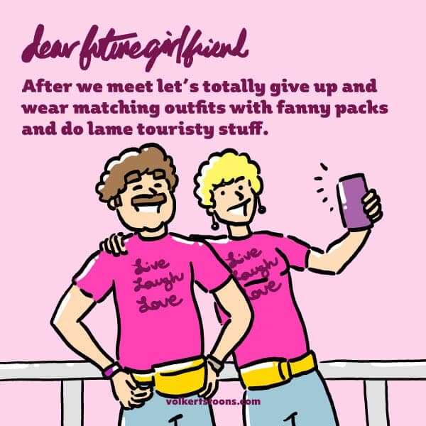 A couple does lame touristy stuff with matching haircuts, shirts.